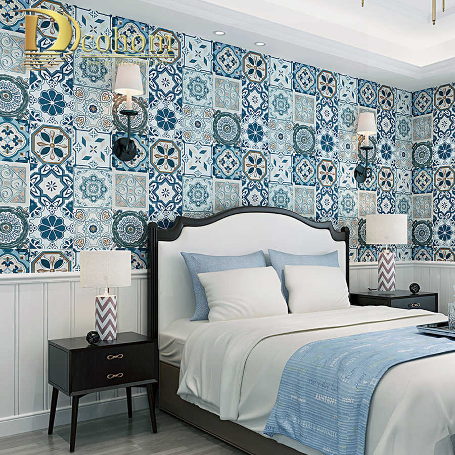 Blue Romantic Bohemia National Faux Tile Wallpaper - Moroccan Blue Wall Mosaic - HD Wallpaper 