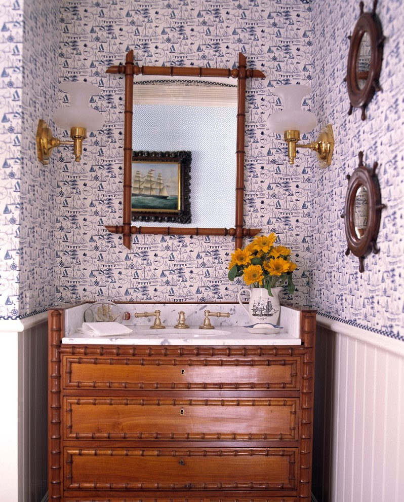 Miami Faux Bois Wallpaper With Chrome Bathroom Sink - Bathroom - HD Wallpaper 