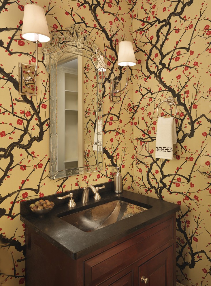 Boston Faux Bois Wallpaper With Metal Towel Rings Powder - Bathroom - HD Wallpaper 