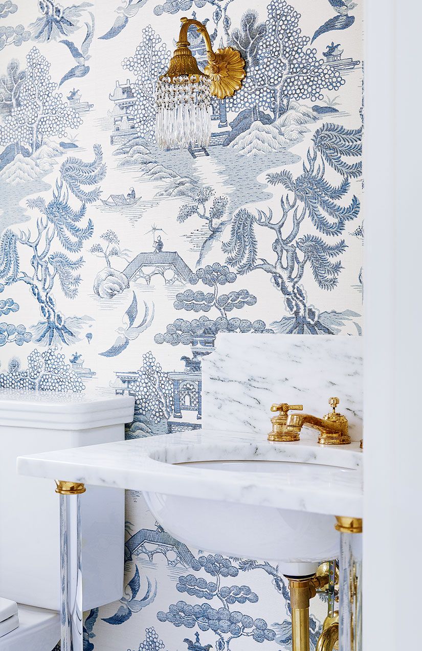 Blue Toile Wallpaper Bathroom - HD Wallpaper 