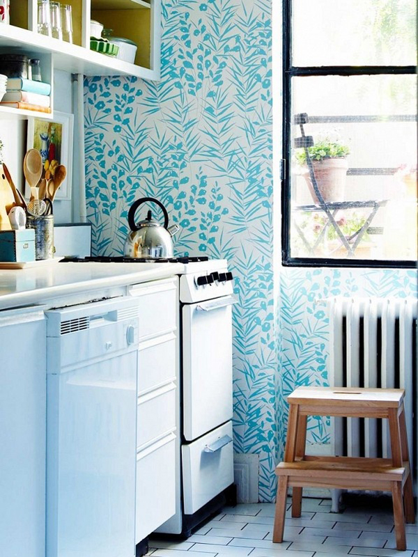 Blue Wall Paper Kitchens - HD Wallpaper 