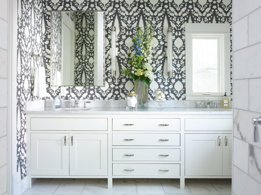 Marble Wallpaper Bathroom Contemporary With Bathroom - Schumacher Chenonceau - HD Wallpaper 