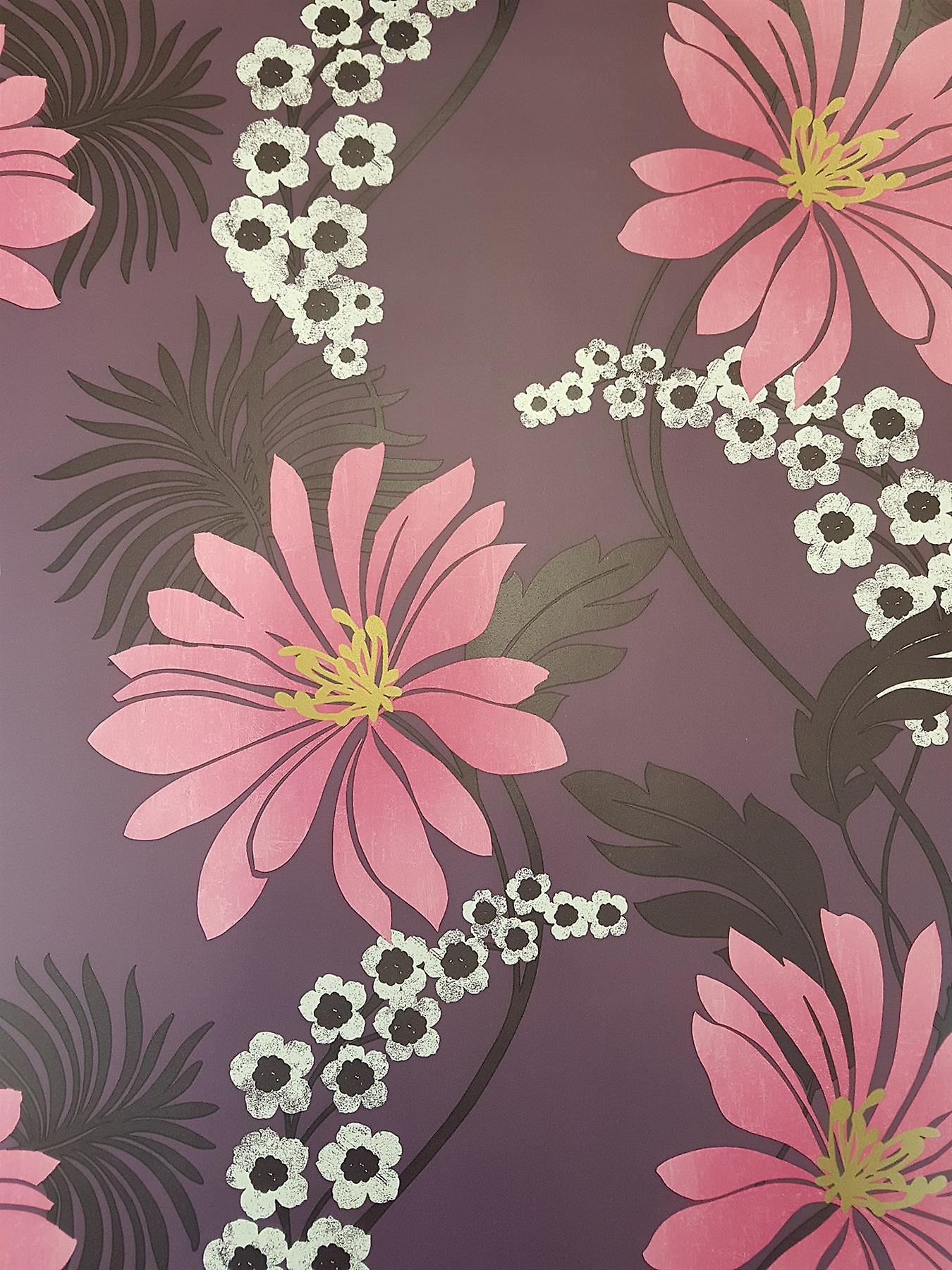 Purple Plum Floral Wallpaper Pink White Flowers Gold Metallic Feature Holden 