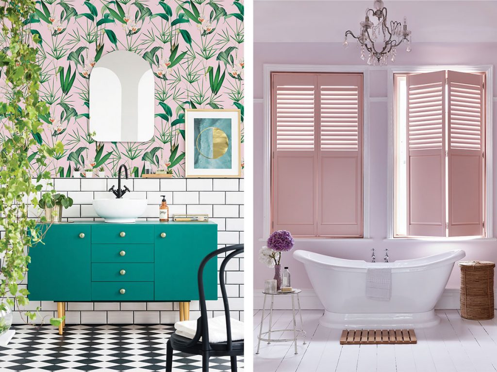 Pink Bathroom With Vibrant Wallpaper And Pink Shutters - Design Of Bathroom - HD Wallpaper 