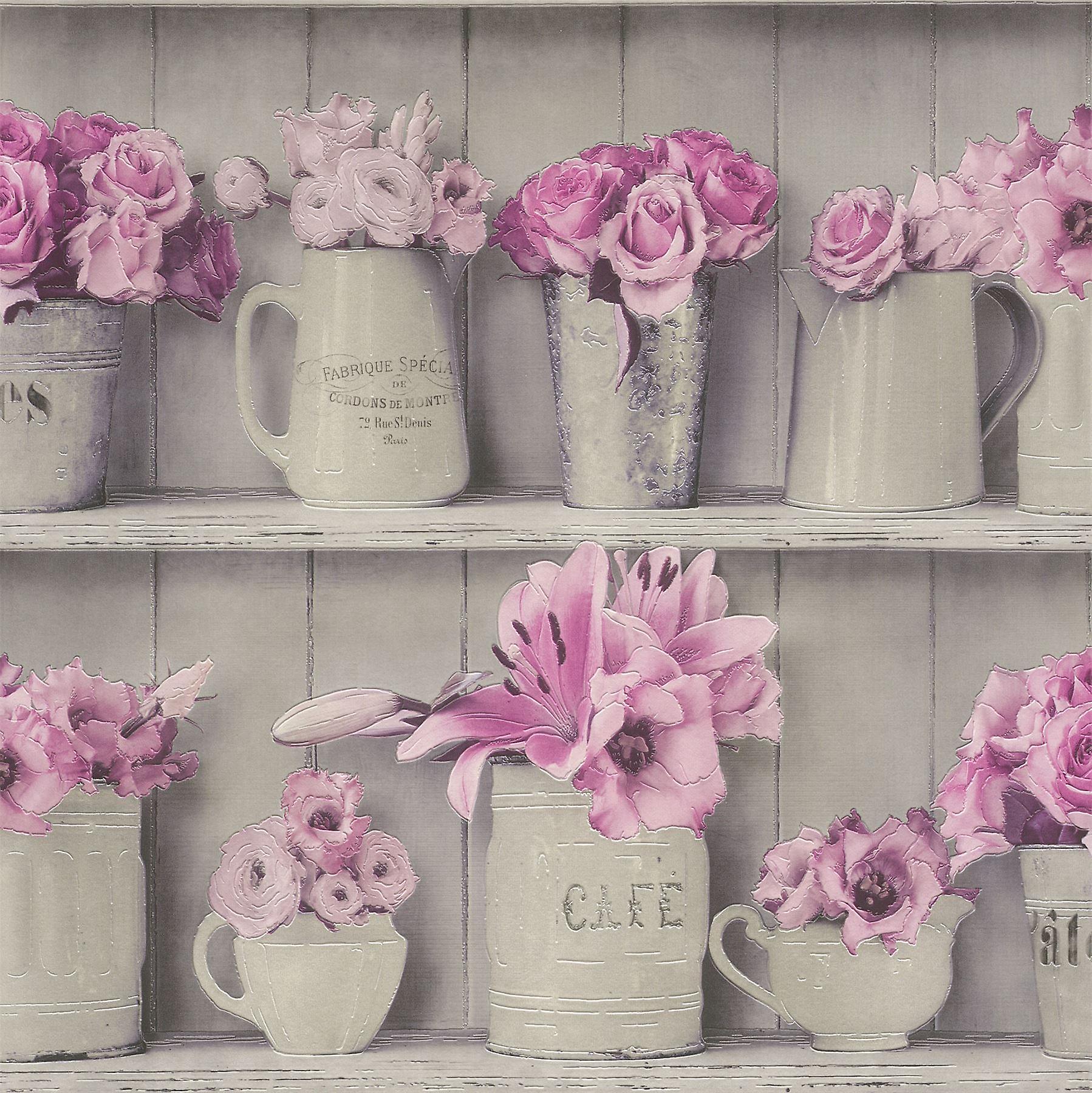 Purple Grey Flowerpot Wood Shelf Wallpaper Kitchen - Flower Tiles For Kitchen - HD Wallpaper 