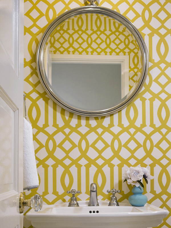 Yellow And White Wallpaper Geometric Wallcovering Powder - Yellow Wallpaper For Bathroom - HD Wallpaper 
