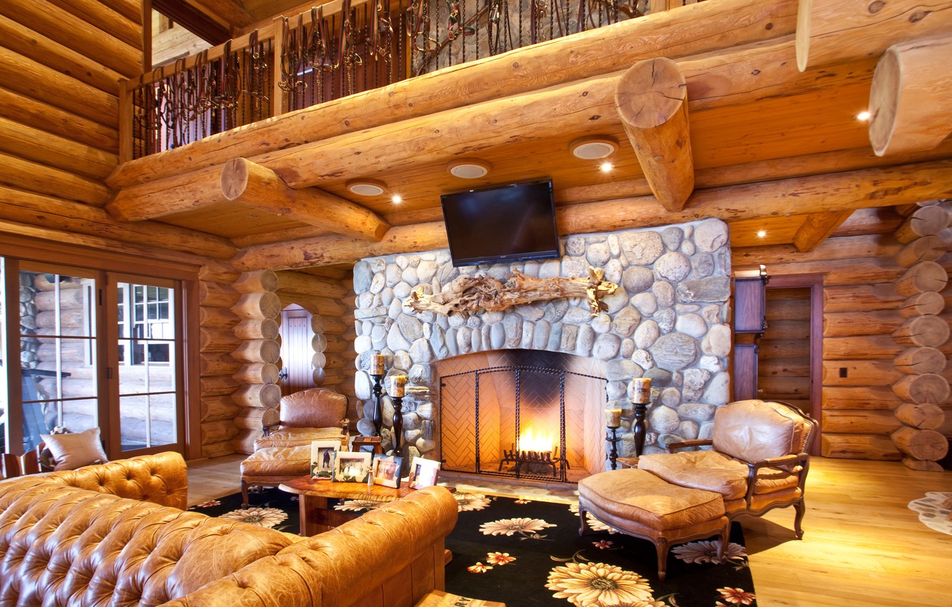 Photo Wallpaper Sofa, Tree, Home, Interior, Tv, Chairs, - Domy Z Drewna Wnętrze - HD Wallpaper 