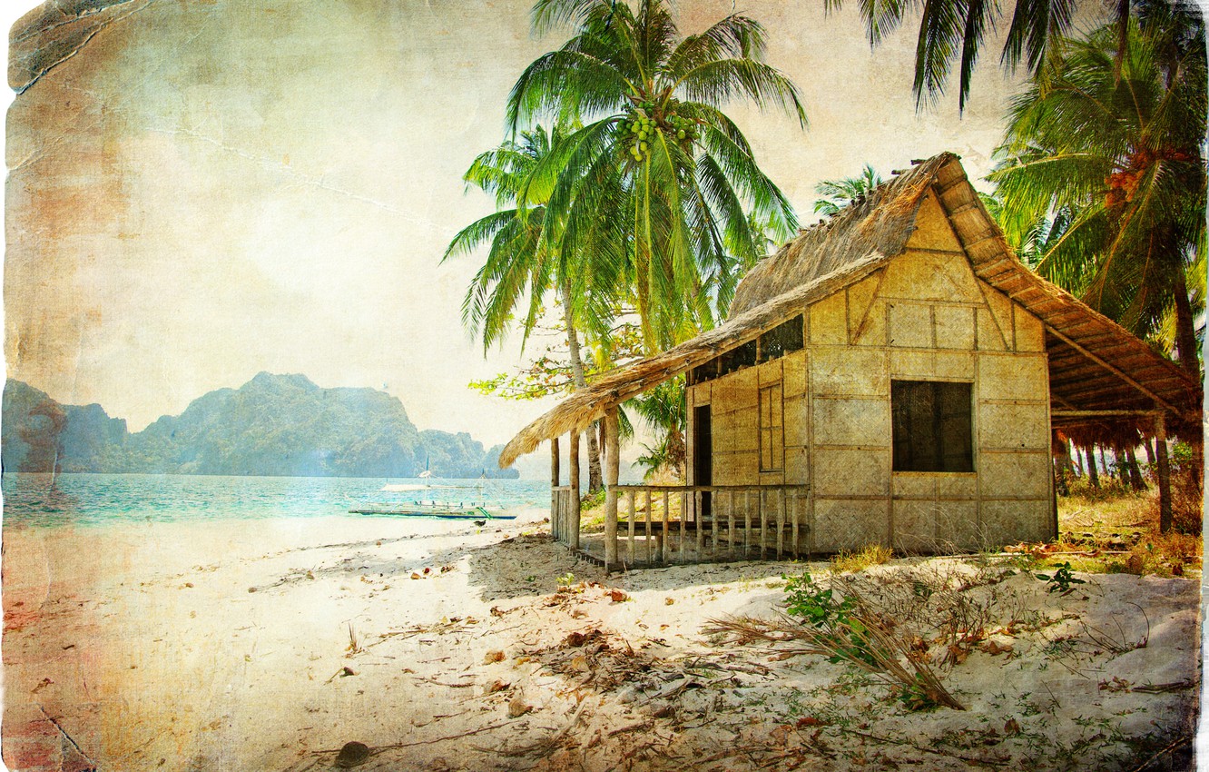 Photo Wallpaper Sea, Beach, Palma, Hut, Boat, Vintage, - Vintage Beach Hut - HD Wallpaper 