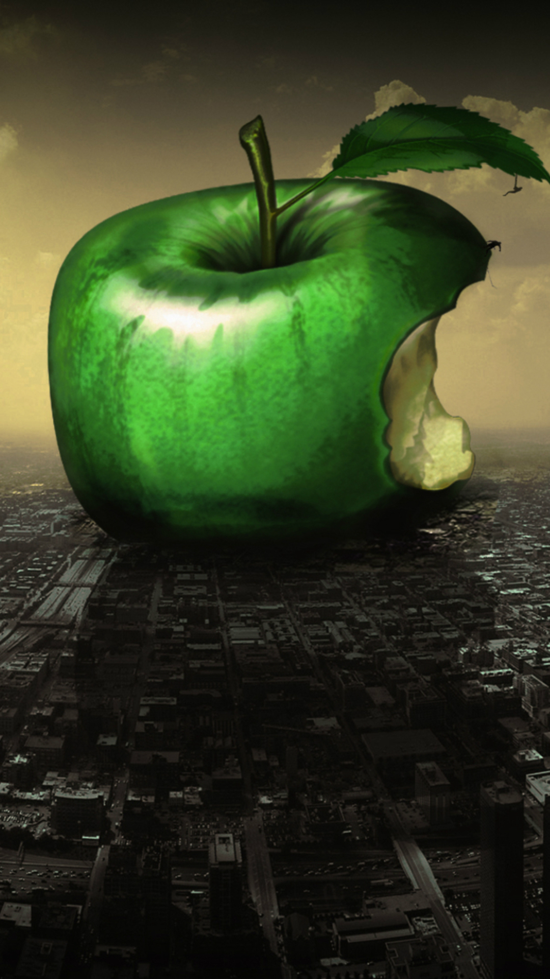 Huge Green Apple Bitten Fall City Art Iphone 8 Wallpaper - Green Apple Wallpaper Iphone - HD Wallpaper 