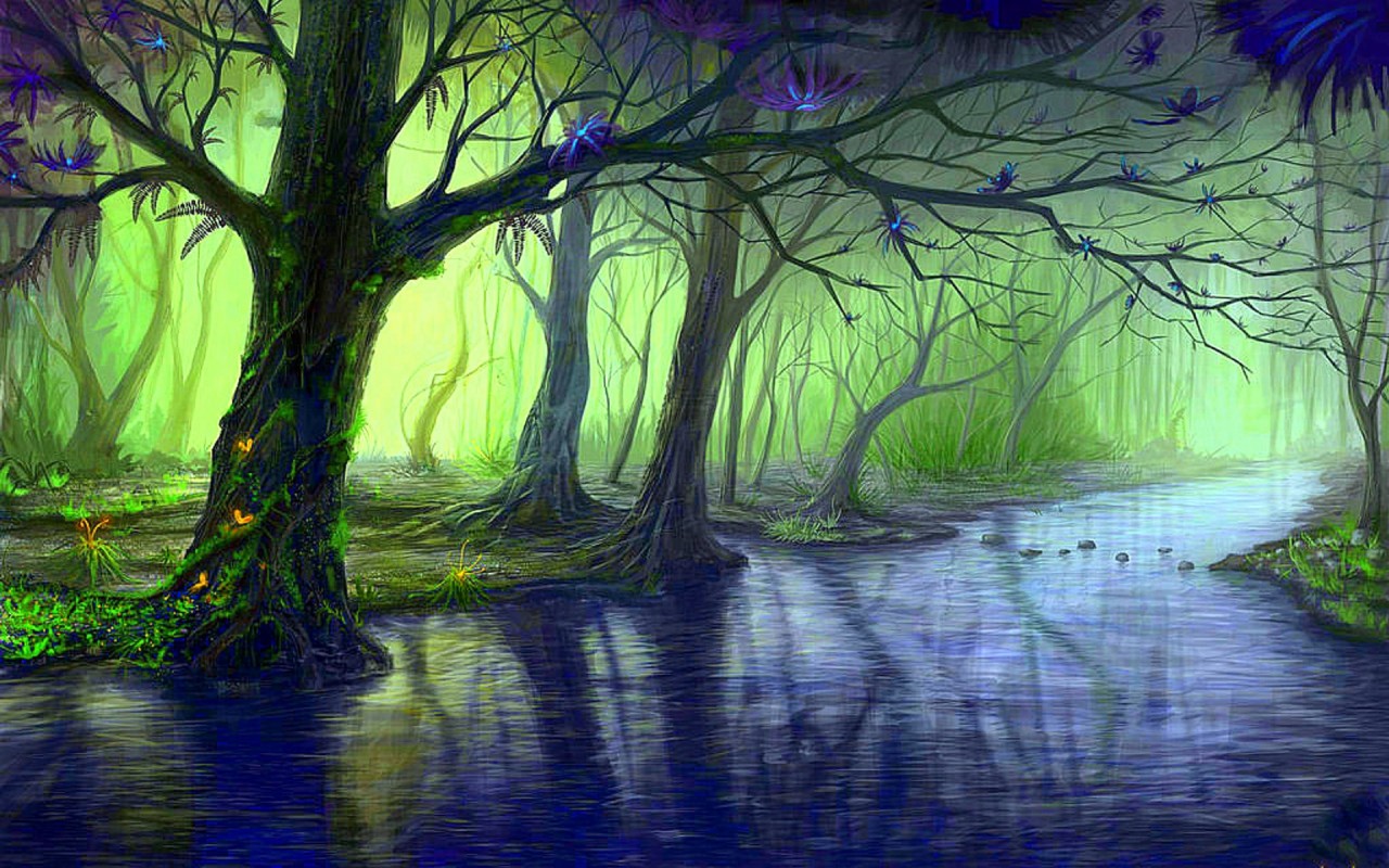 Enchanted Forest & Blue Stream Wallpapers - Enchanted Forest Stream - HD Wallpaper 
