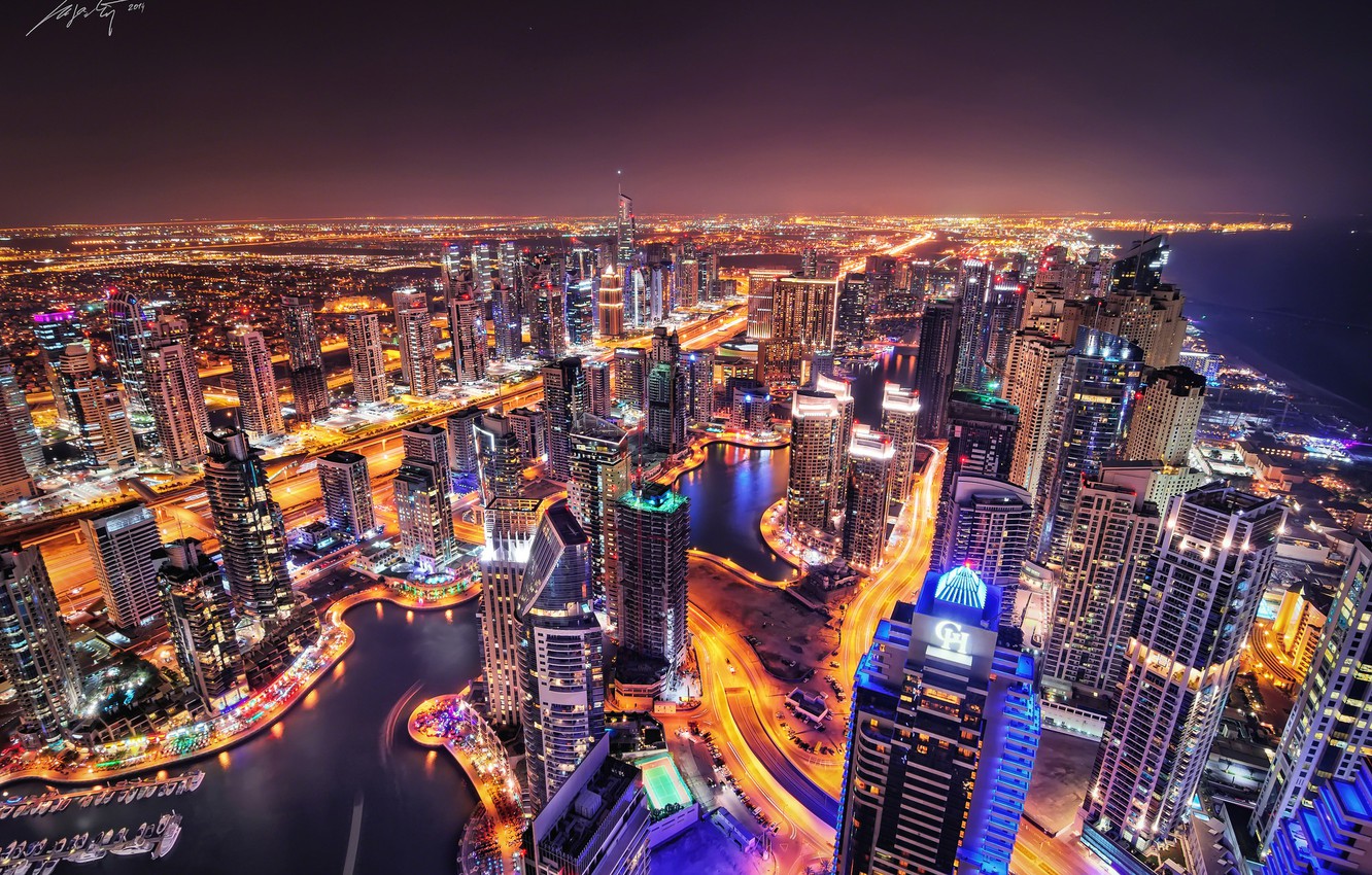 Photo Wallpaper Night, The City, Lights, The Evening, - Dubai Night City Hd - HD Wallpaper 