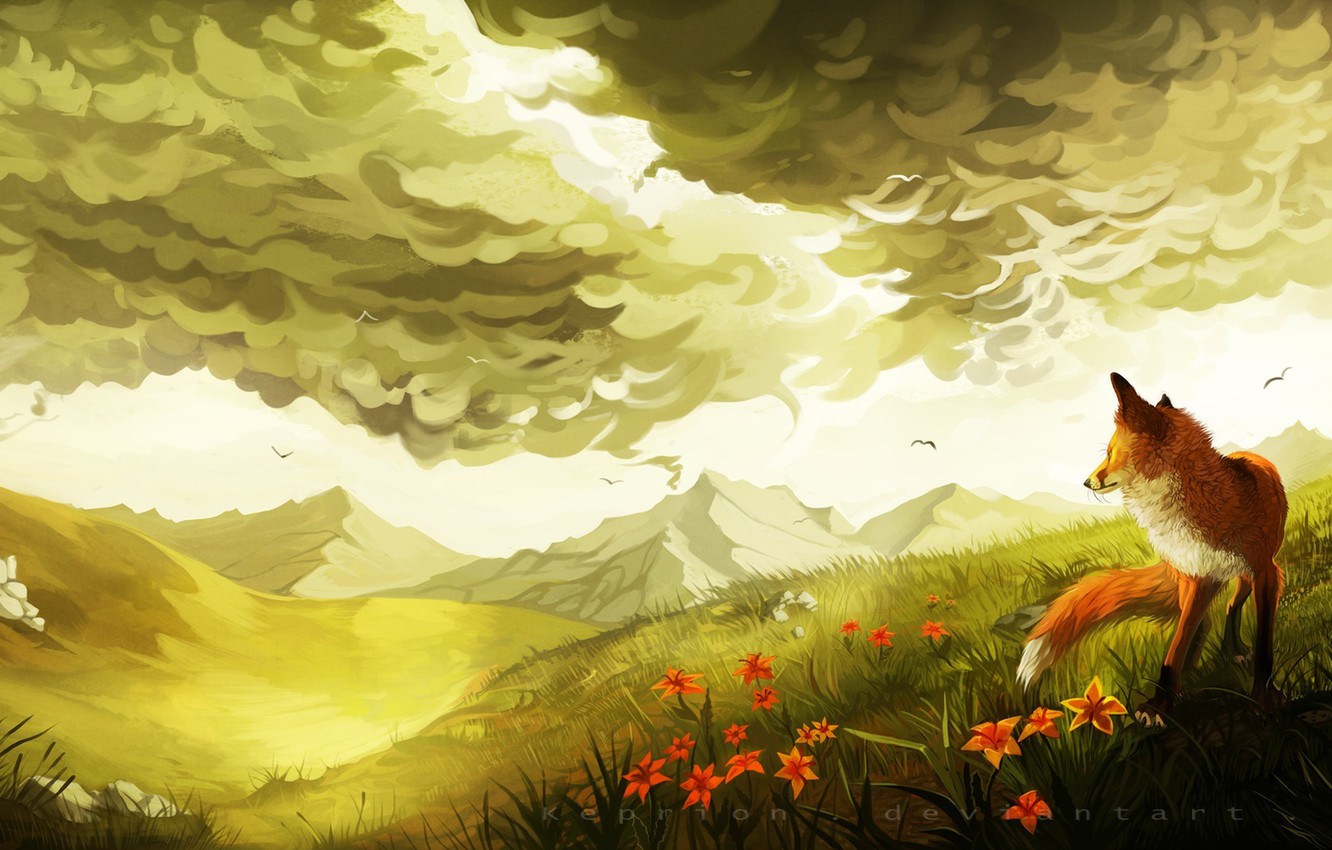 Photo Wallpaper Greens, Clouds, Flowers, Birds, Hills, - Fox Art - HD Wallpaper 