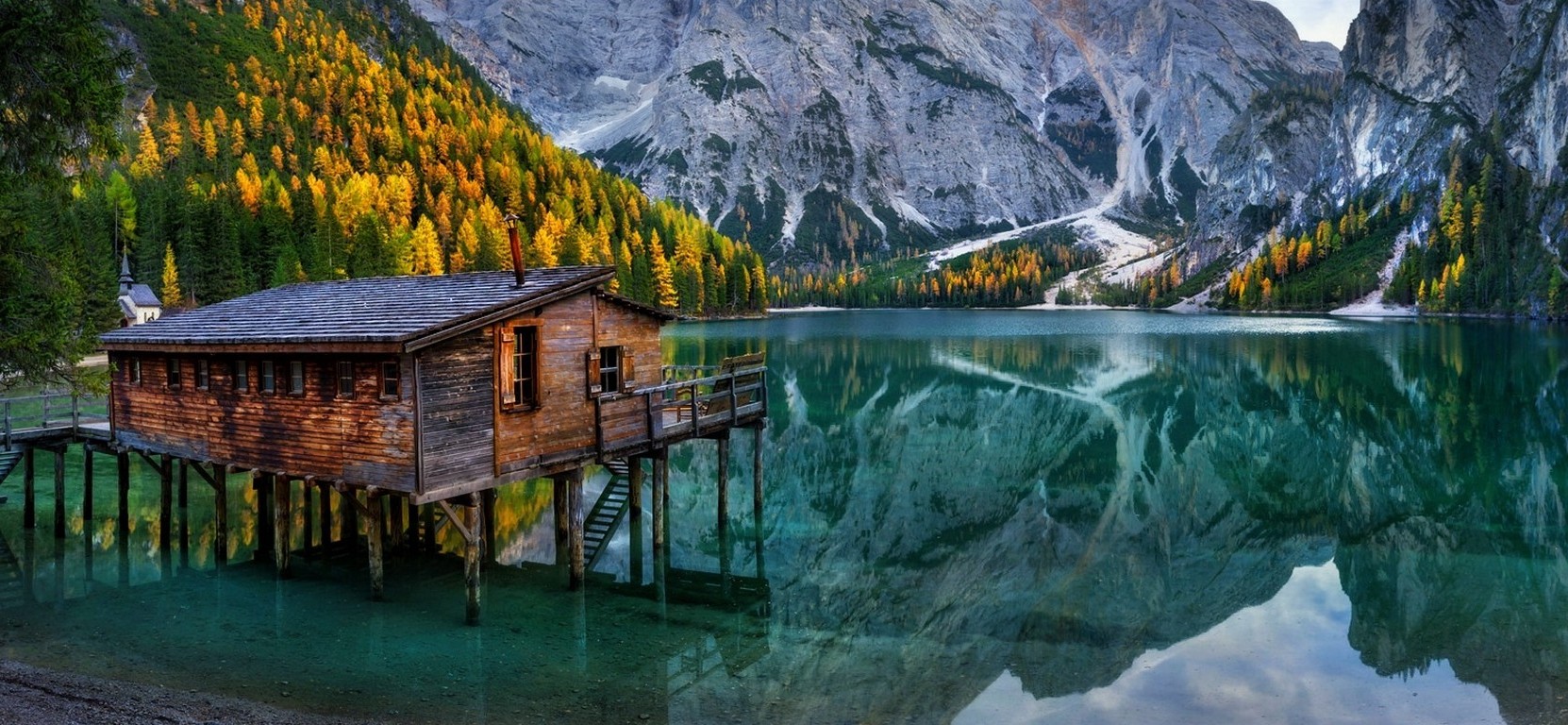 Nature Landscape Lake Mountain Cabin Chapel Forest - Pragser Wildsee - HD Wallpaper 