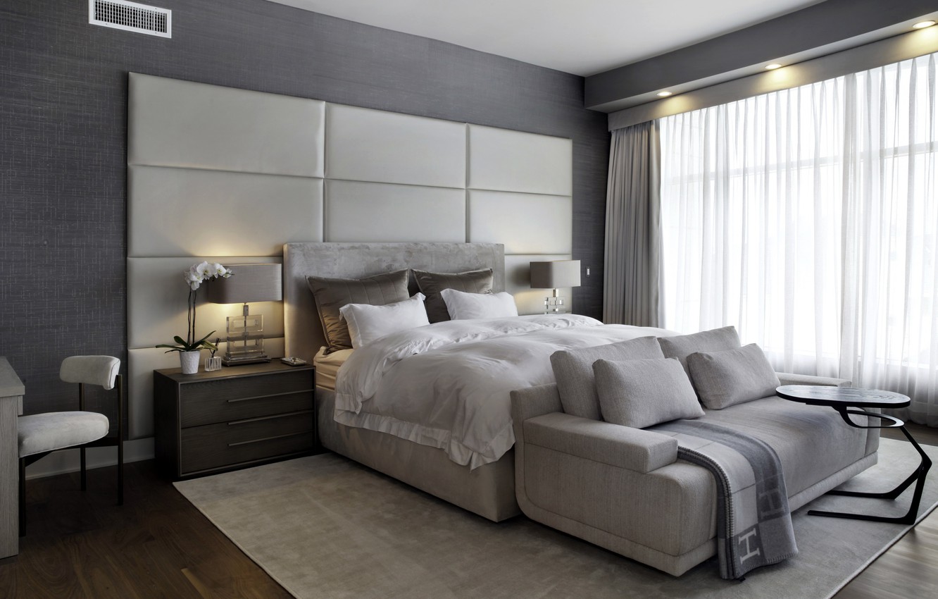 Photo Wallpaper Bed, Orchids, Bedroom, Gray Tones - Bedroom - HD Wallpaper 