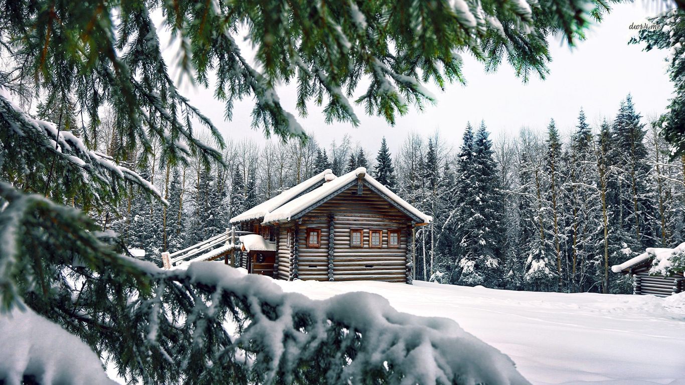 Winter Log Cabin - HD Wallpaper 