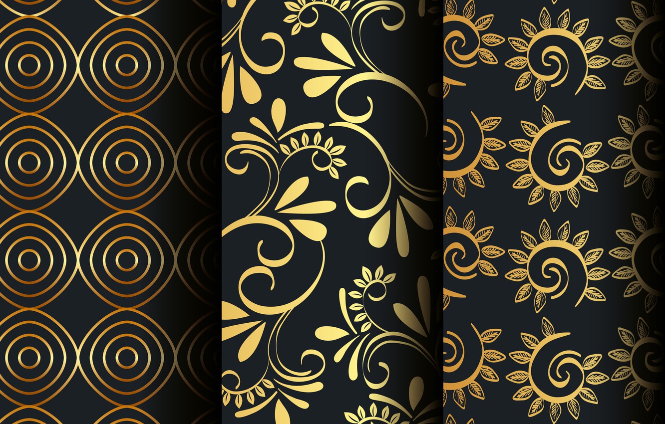 Photo Wallpaper Flowers, Background, Pattern, Black, - Black And Gold Flowers Background - HD Wallpaper 