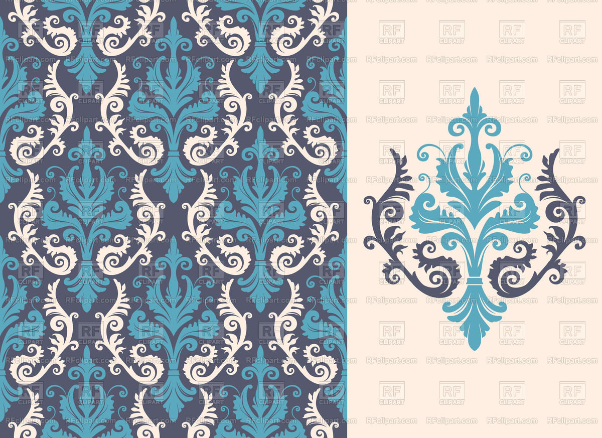 Seamless Blue Damask Wallpaper Vector Image Vector - Modern - HD Wallpaper 