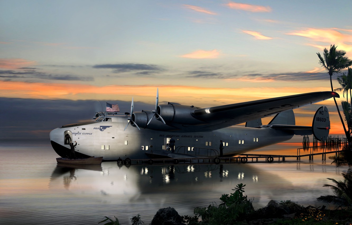 Photo Wallpaper Water, Boat, Figure, Art, Bay, American, - Boeing 314 Clipper - HD Wallpaper 