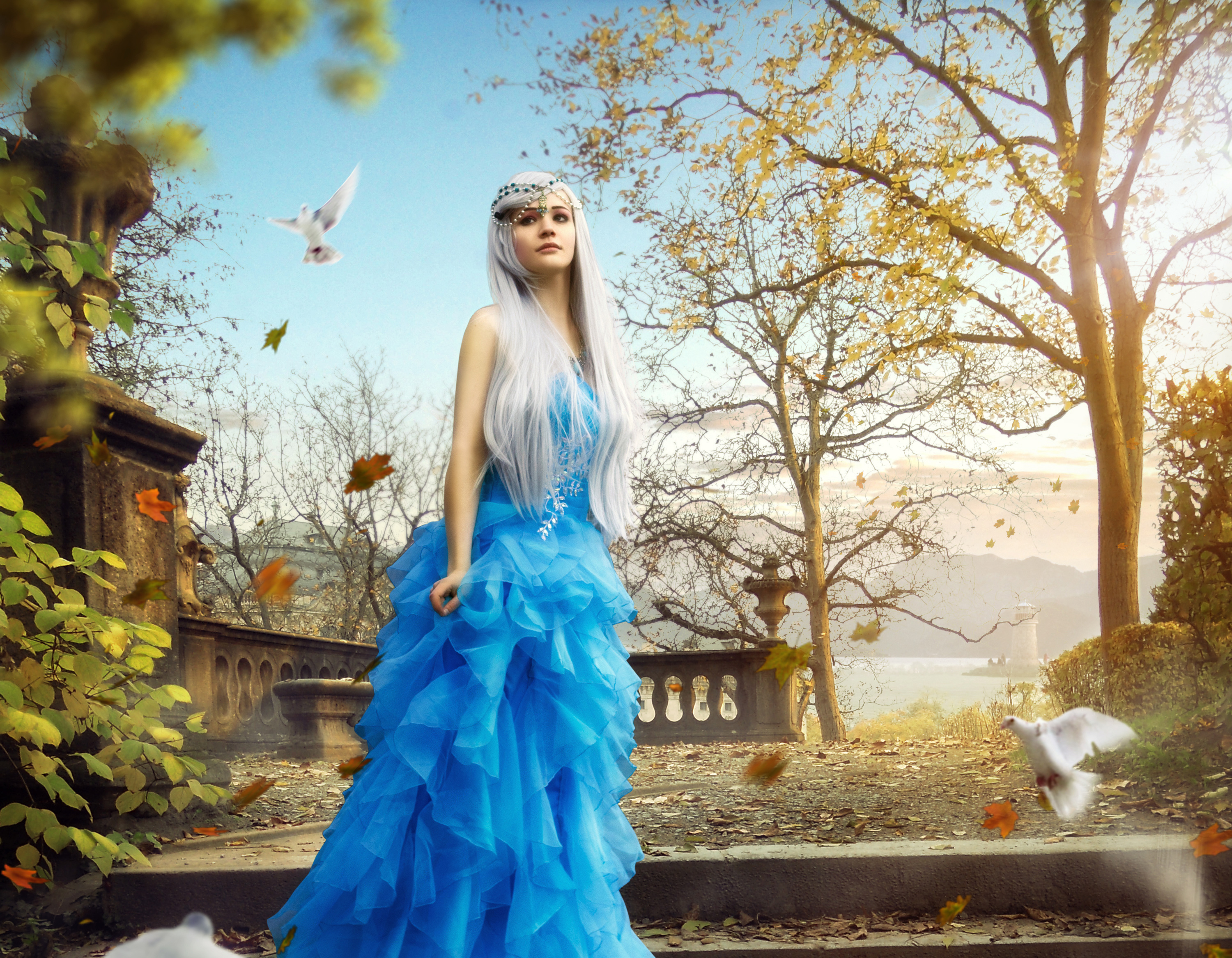 Girl White Hair Blue Dress - HD Wallpaper 