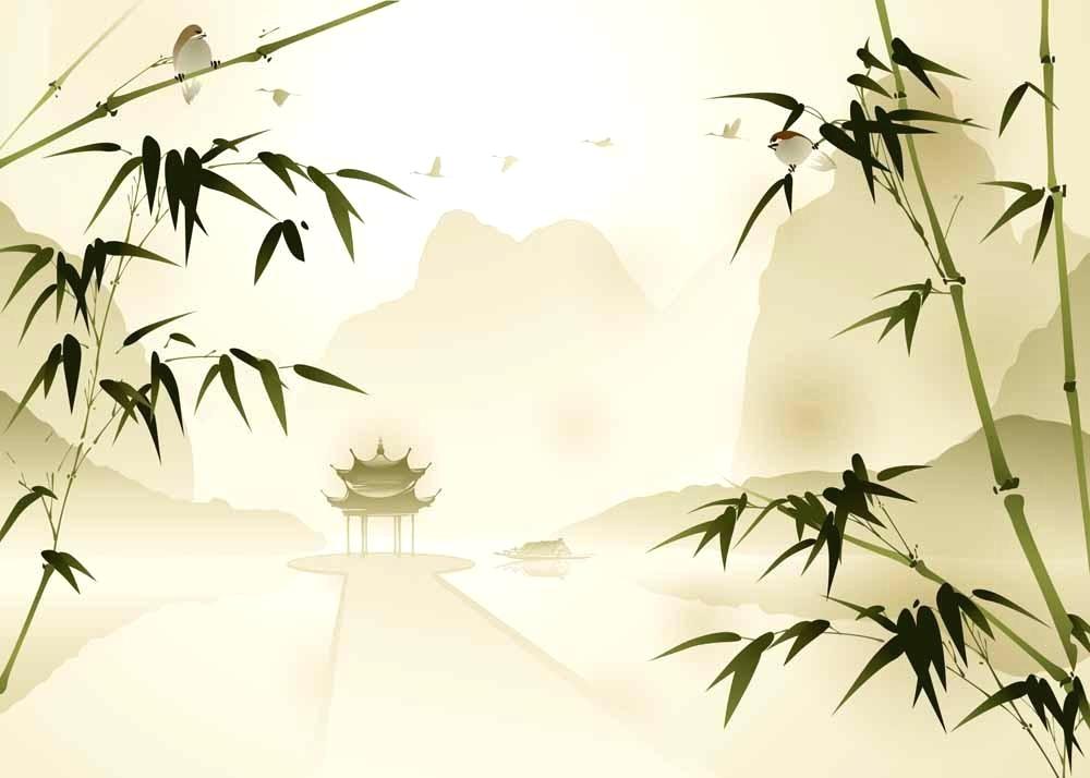 Oriental Wallpaper Mountains Scene Bamboo Mural Toile - Murals In Oriental Design - HD Wallpaper 