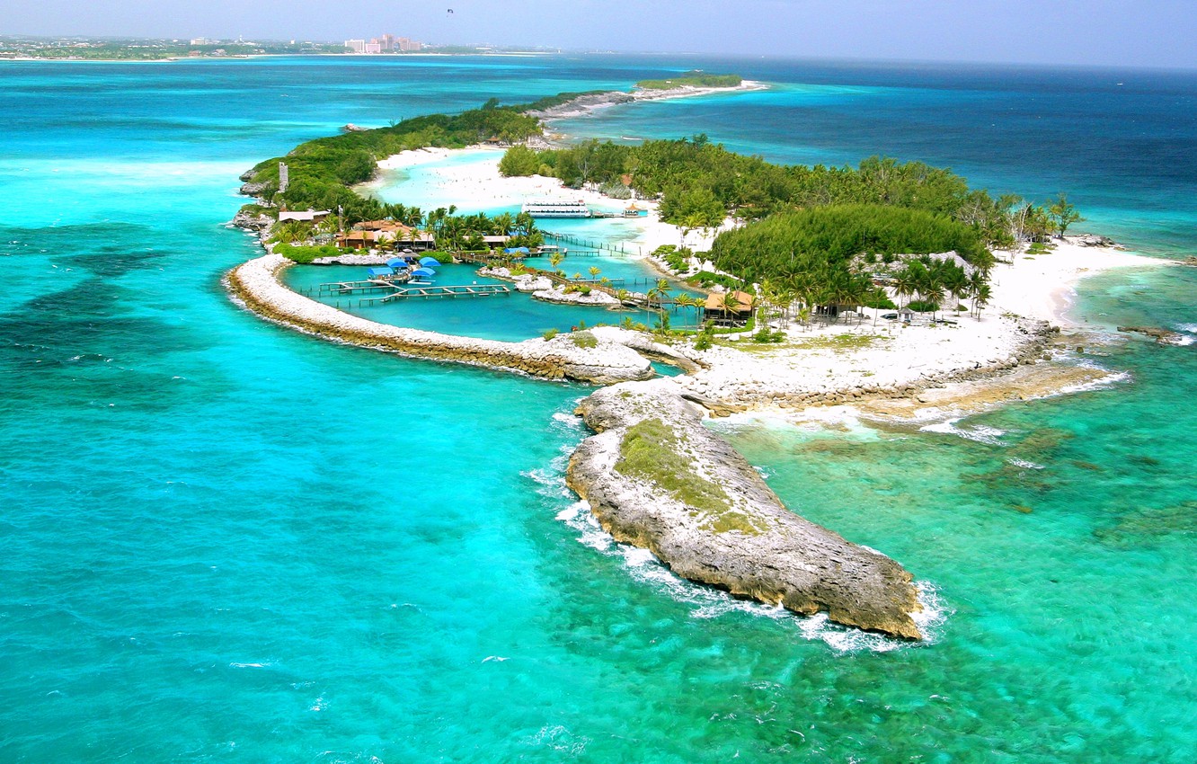 Photo Wallpaper Palm Trees, The Ocean, Island, Bahamas, - Blue Lagoon Island - HD Wallpaper 