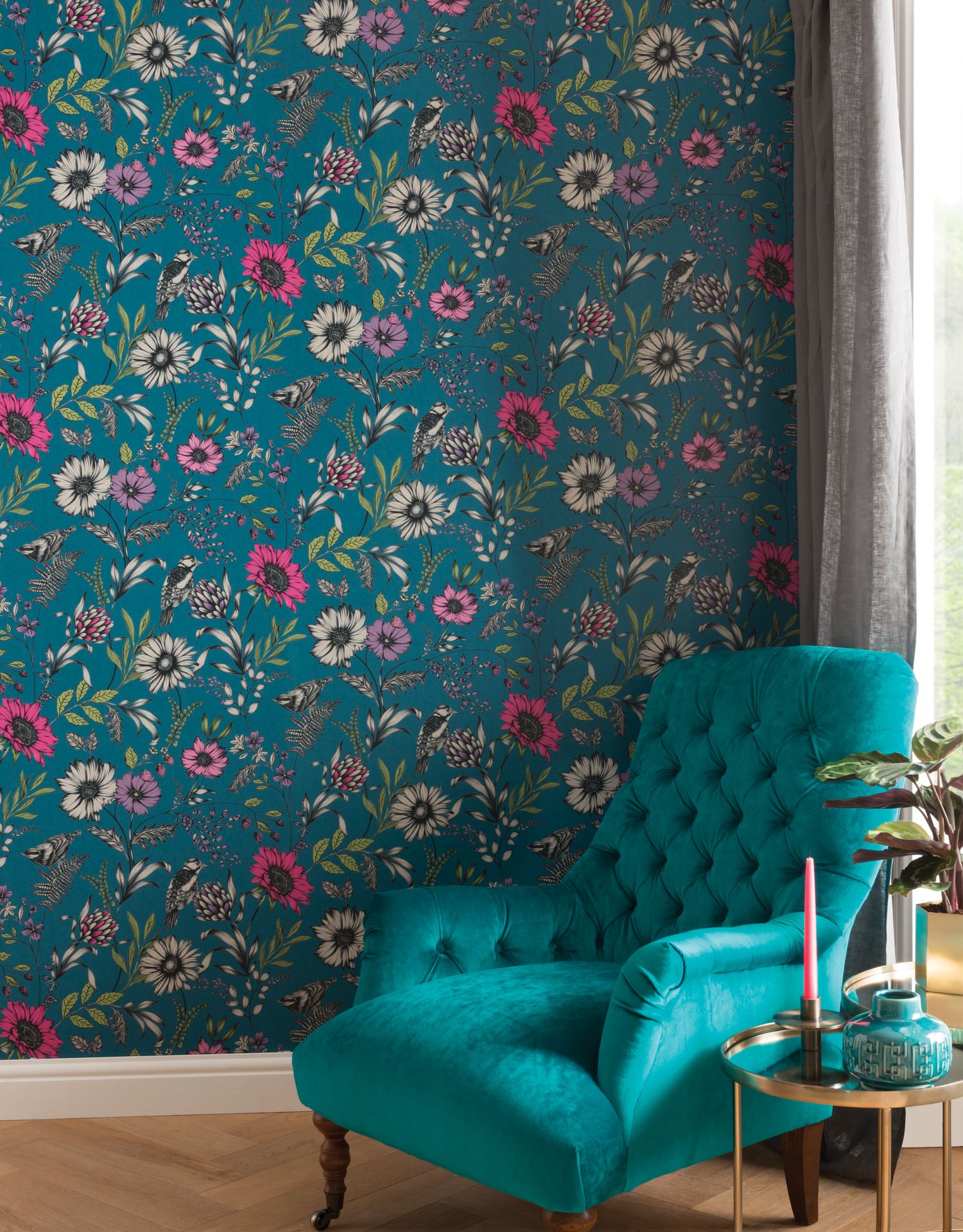 Teal Floral Wallpaper Bedroom Ideas - HD Wallpaper 