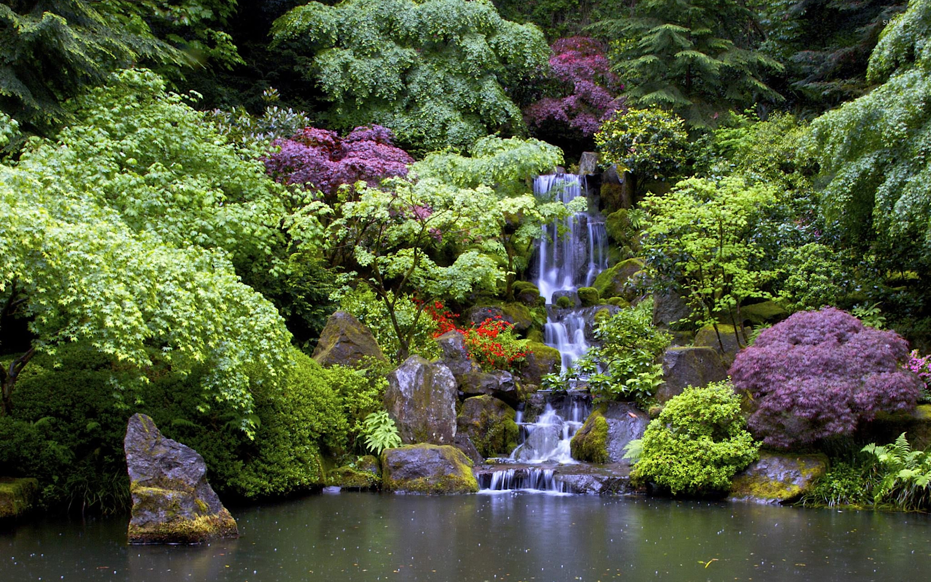 Beautiful Garden With Waterfall - HD Wallpaper 