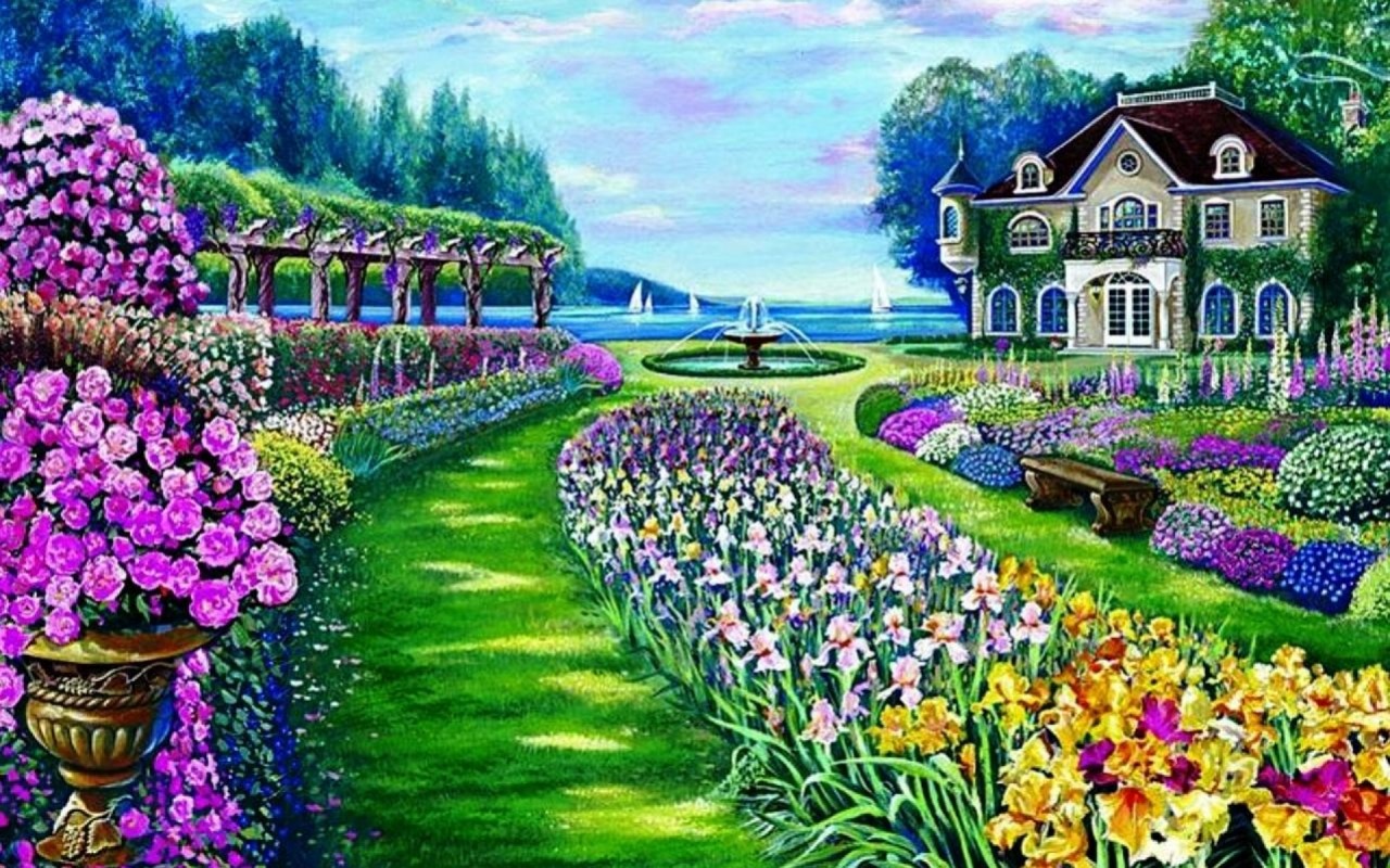 Beautiful Garden Mansion Lake Wallpapers - Beautiful Garden For Facebook Cover - HD Wallpaper 