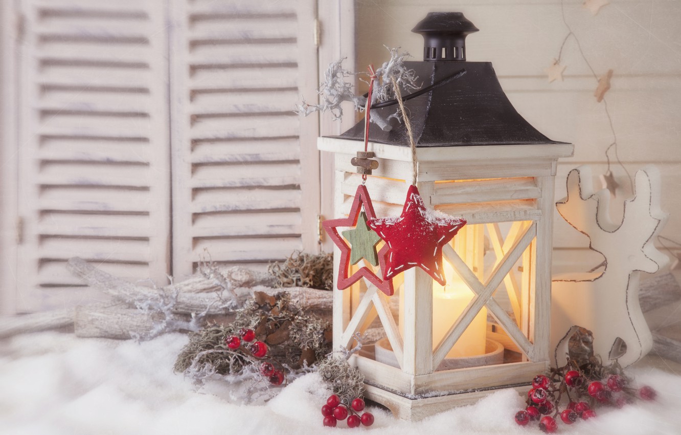 Photo Wallpaper Stars, Snow, Cherry, Windows, Candle, - Albero Di Natale Piccolo - HD Wallpaper 