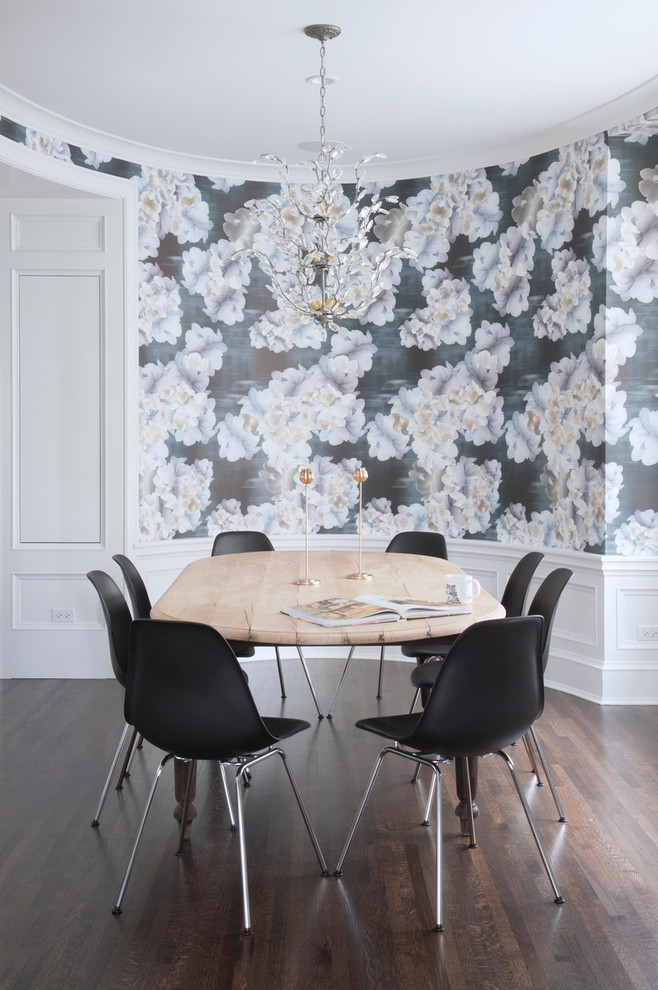Large Floral Wallpaper With White Shade Dining Room - Black Floral Wallpaper Dining Room - HD Wallpaper 