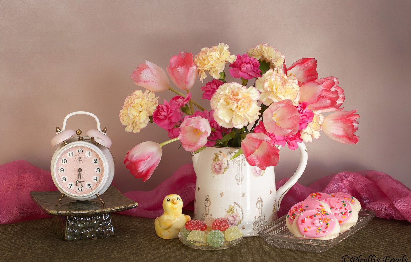 Photo Wallpaper Flowers, Style, Bouquet, Alarm Clock, - Доброе Утро Добрый День - HD Wallpaper 