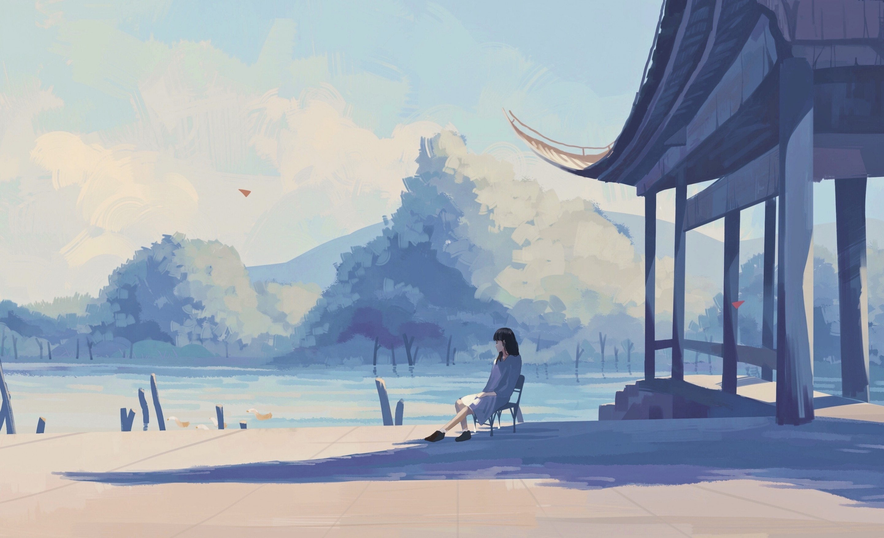 Lonely Anime Girl, Lake, Pastel Colors, Shadow - Pastel Wallpaper For Laptop Hd - HD Wallpaper 