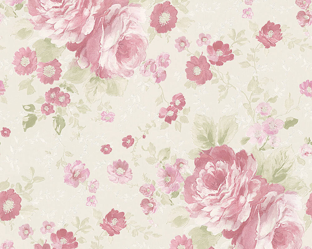 Création Wallpaper Floral, Cream, Green, Red - Carta Da Parati Romantica - HD Wallpaper 