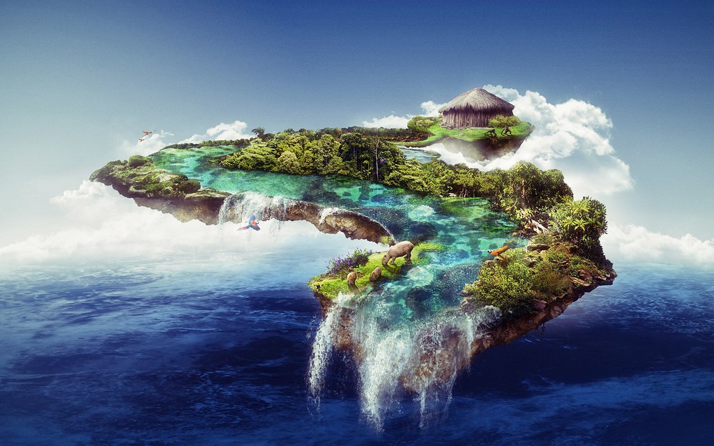 Fantasy Floating Island Ocean - HD Wallpaper 