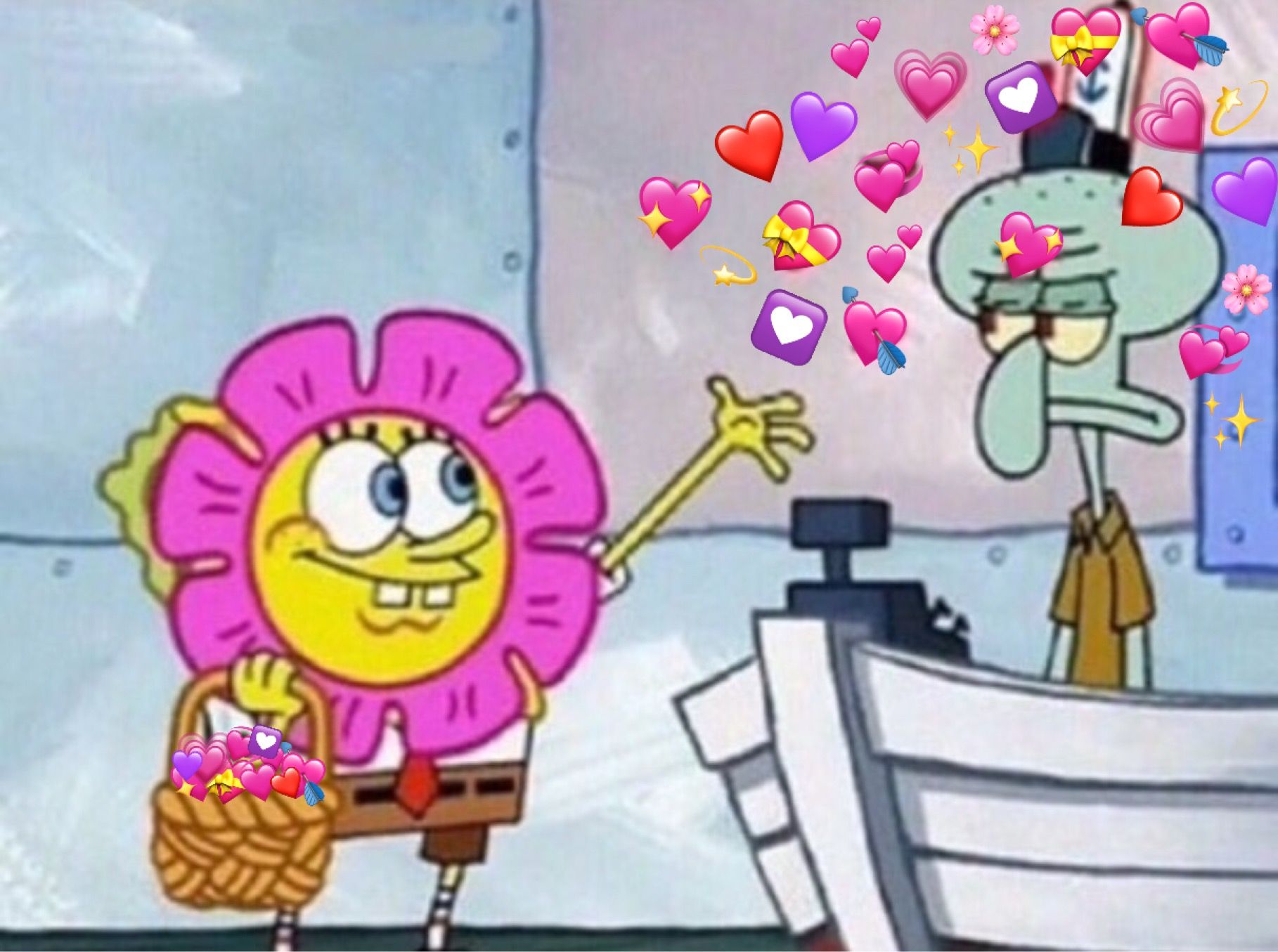 Happy Spongebob With Hearts - HD Wallpaper 