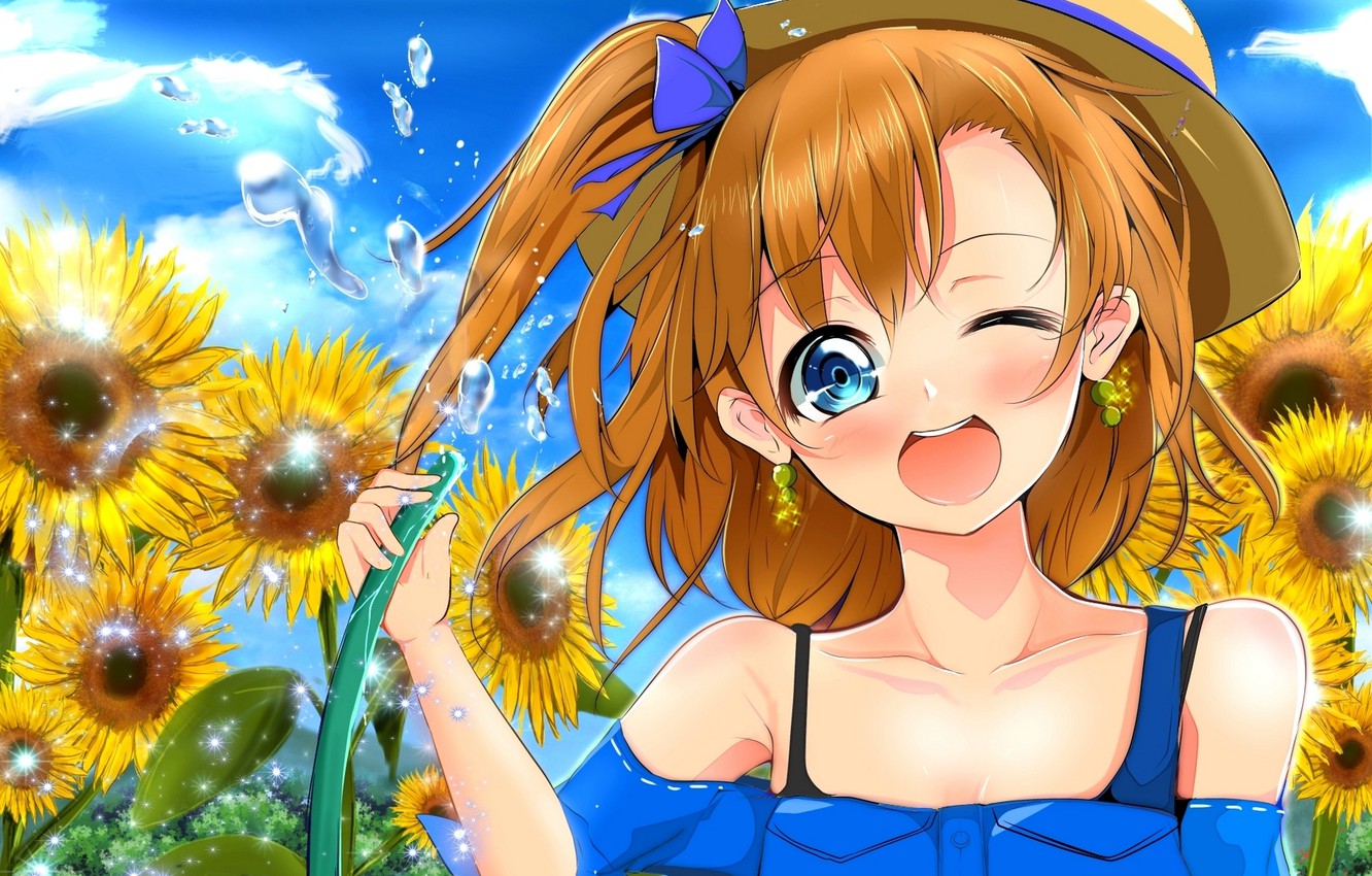 Photo Wallpaper Water, Girl, Sunflowers, Hat, Anime, - Anime Love Live School Idol Project - HD Wallpaper 