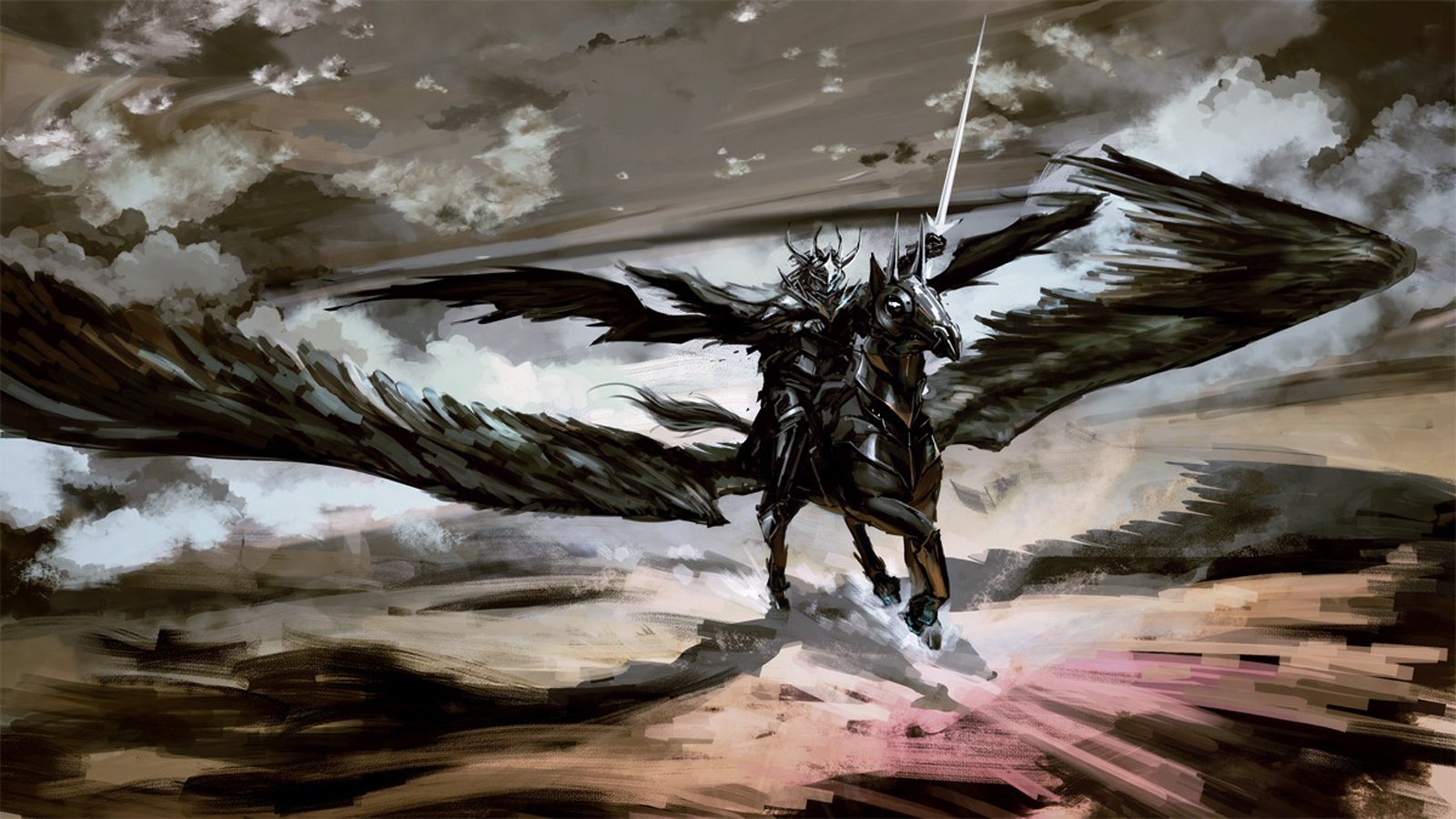 Black Knight Color Pastel Painting Warrior Horse Sword - Dark Knight With Wings - HD Wallpaper 