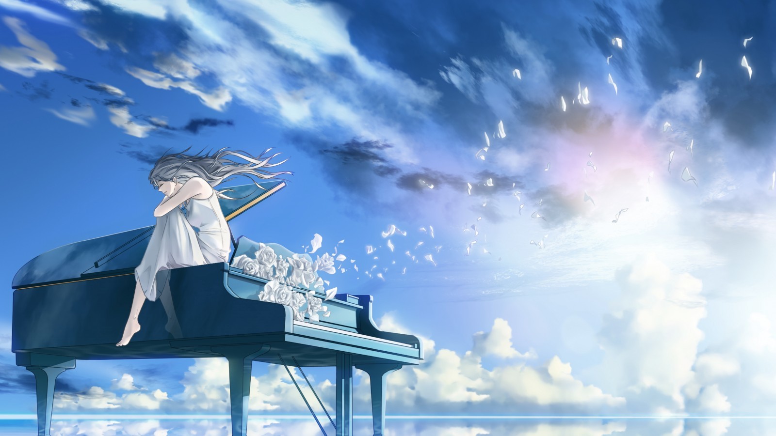Lonely Anime Girl, Piano, Instrument, Scenic, Sky, - Anime Girl With Piano  - 1600x900 Wallpaper 