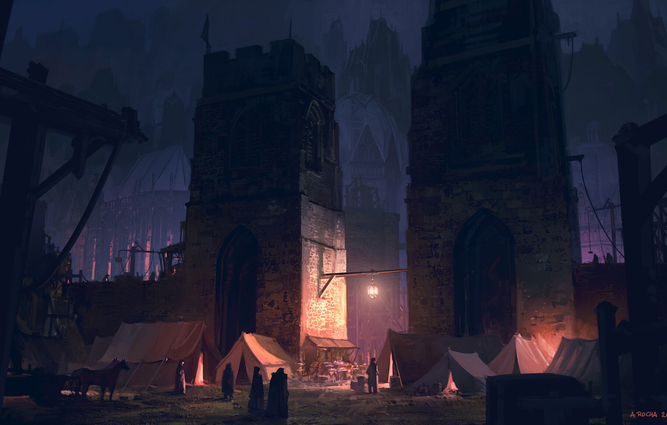 Photo Wallpaper City, Fantasy, Tower, Cathedral, Night, - Illustration - HD Wallpaper 