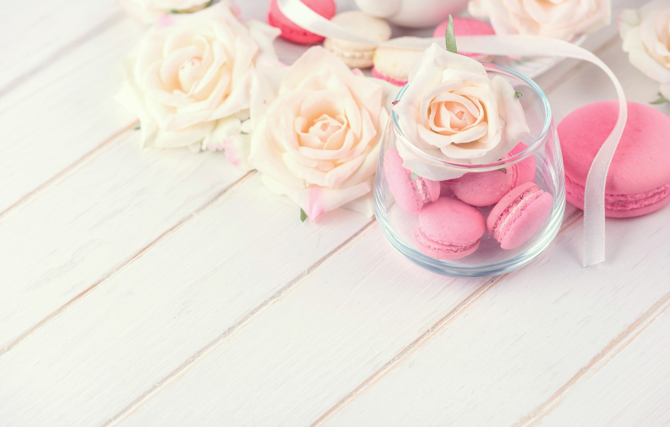 Photo Wallpaper Flowers, Roses, Dessert, Pink, Flowers, - Flower Macaron - HD Wallpaper 