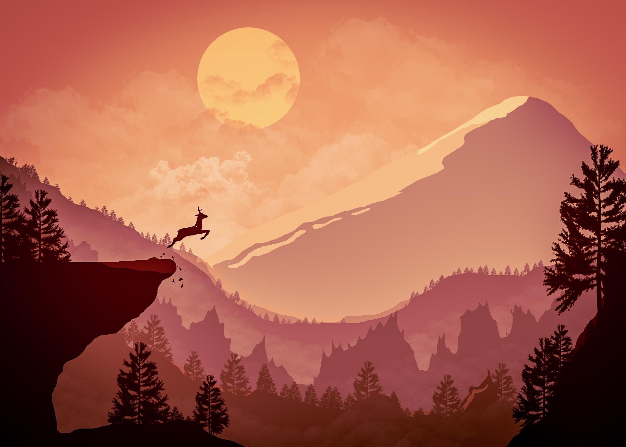 Deer Is Jumping From A Mountain - HD Wallpaper 