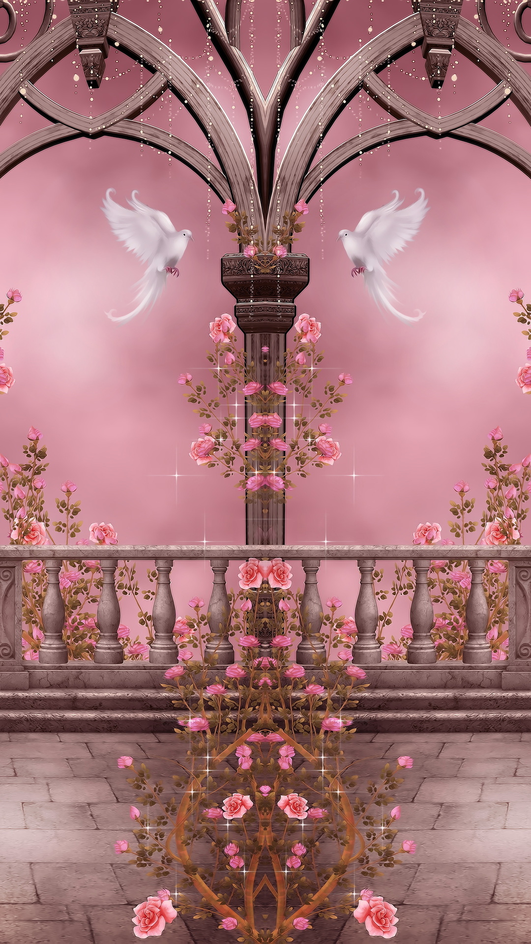 Doves, Roses, Flowers, Pigeons, Garlands, Columns, - Dove With Pink Flowers - HD Wallpaper 