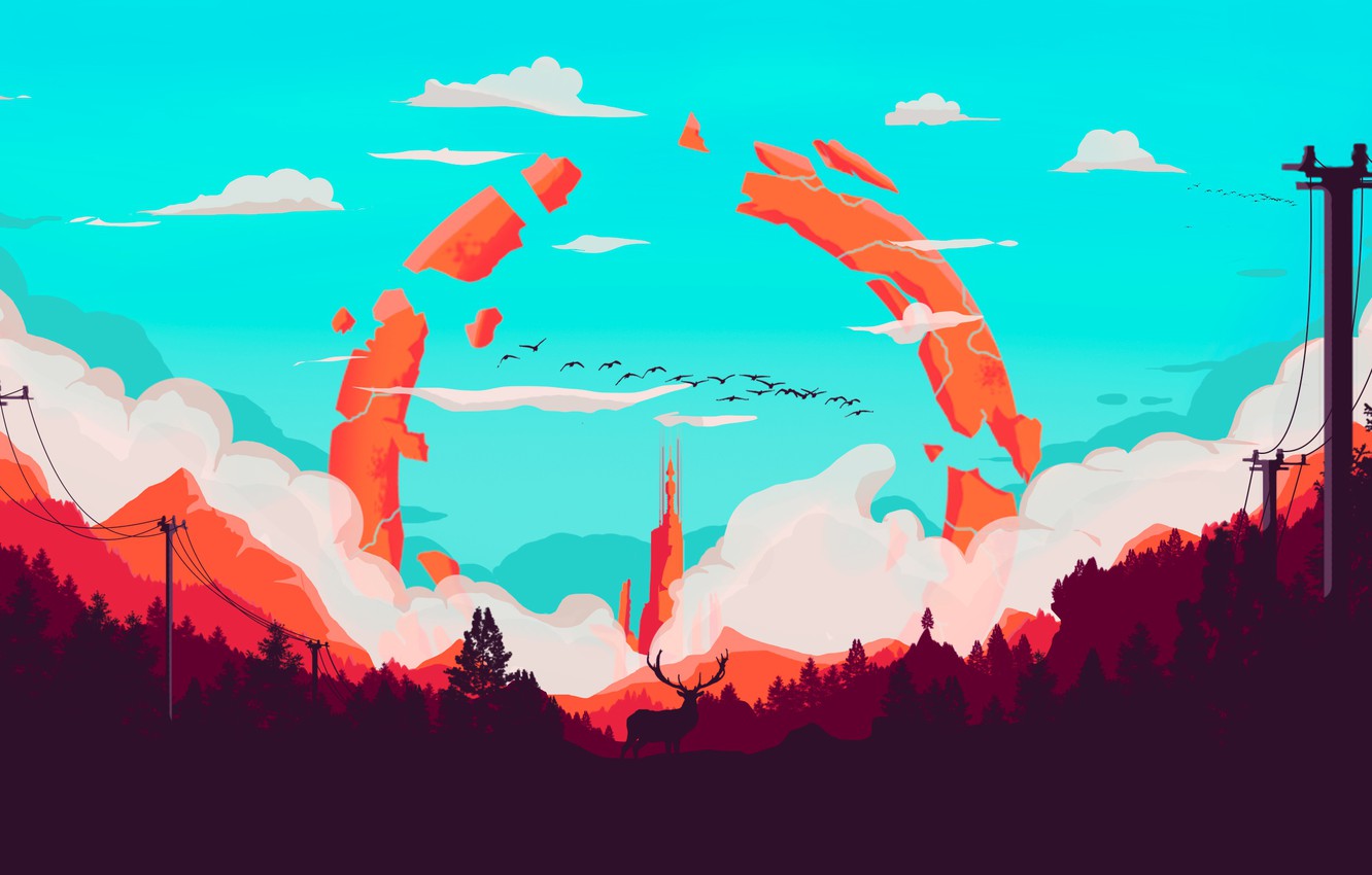 Photo Wallpaper Mountains, Tower, The Game, Smoke, - Firewatch Style Poster - HD Wallpaper 