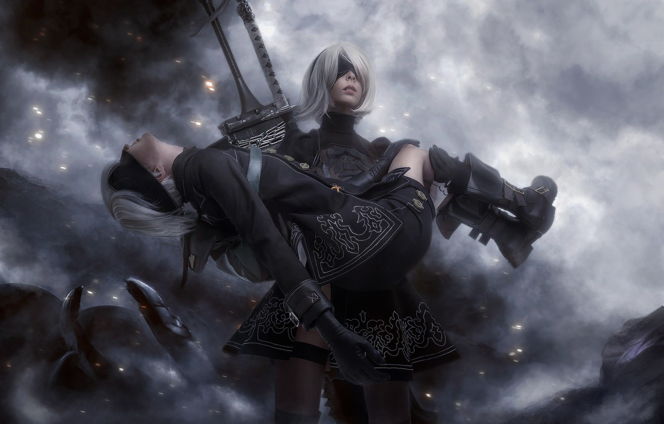 Photo Wallpaper Girl, Fire, Smoke, Guy, Cosplay, Nier - Nier Automata Wallpaper 9s - HD Wallpaper 
