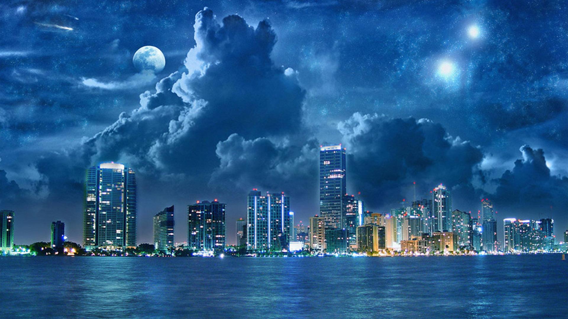 Blue Wallpaper For Background - Beautiful Night City Hd - 1920x1080  Wallpaper 