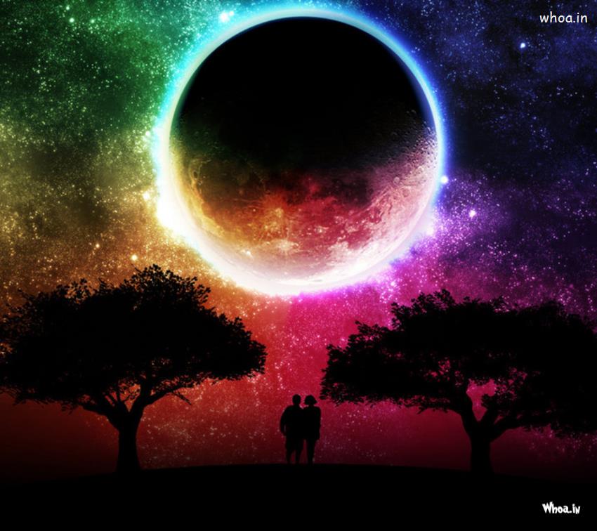 Love Couple With Moon Hd Wallpaper For Mobile - Rainbow Solar Eclipse - HD Wallpaper 