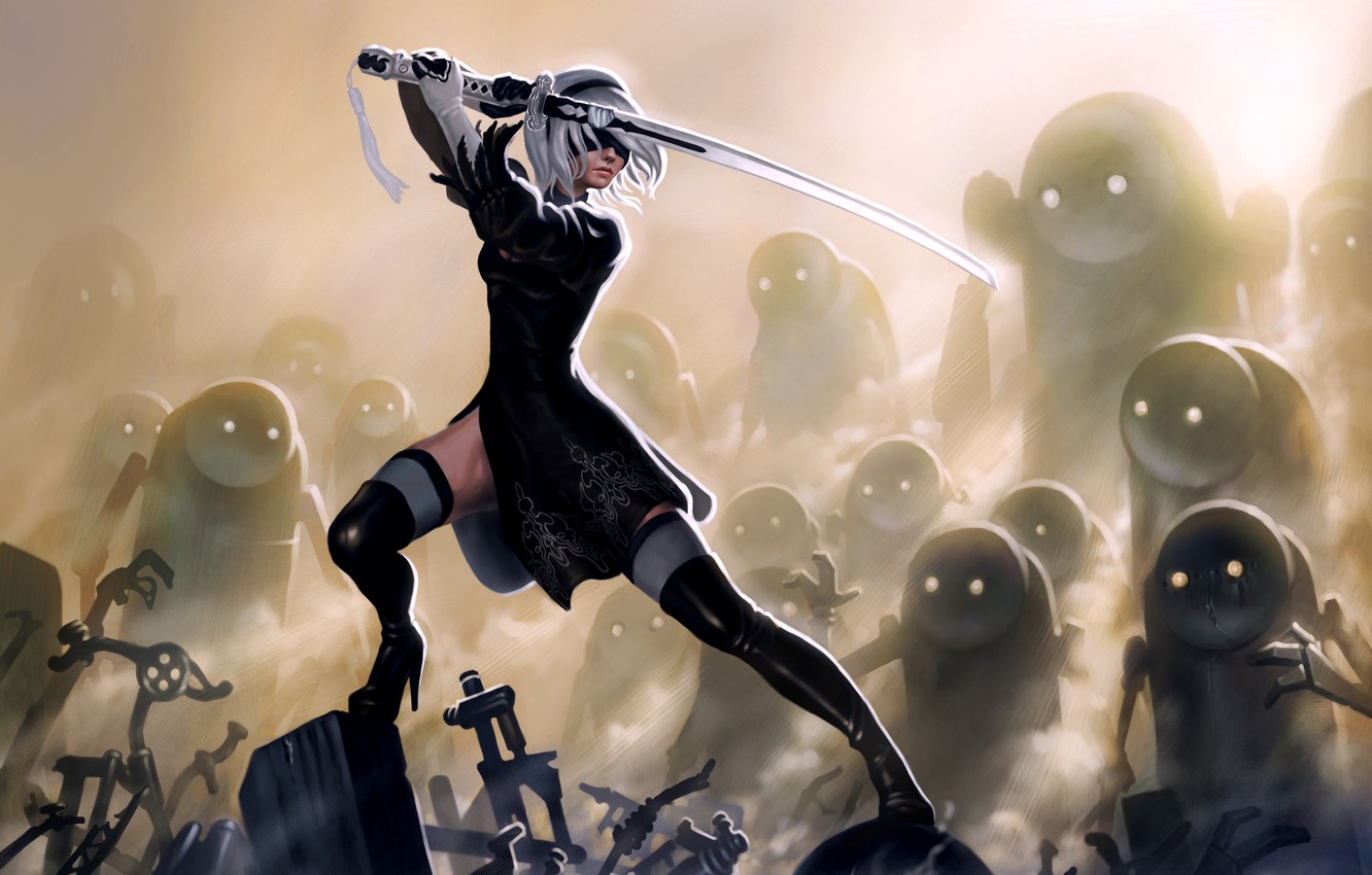Photo Wallpaper Girl, Robot, Sword, Dress, Yorha No - 2b Nier Automata Robo - HD Wallpaper 