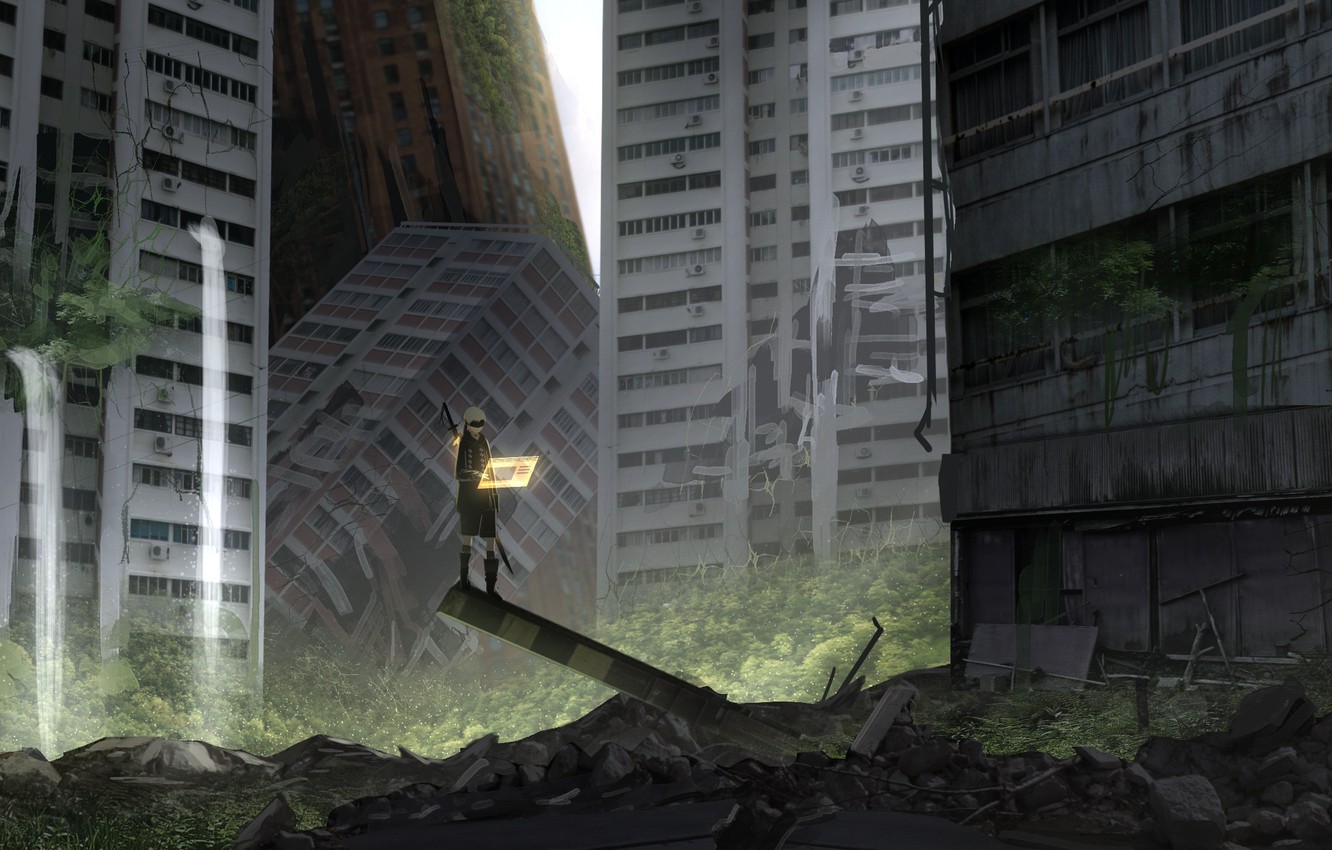 Photo Wallpaper The City Boy Ruins Nier Automata Nier Automata City Ruins 1332x850 Wallpaper Teahub Io