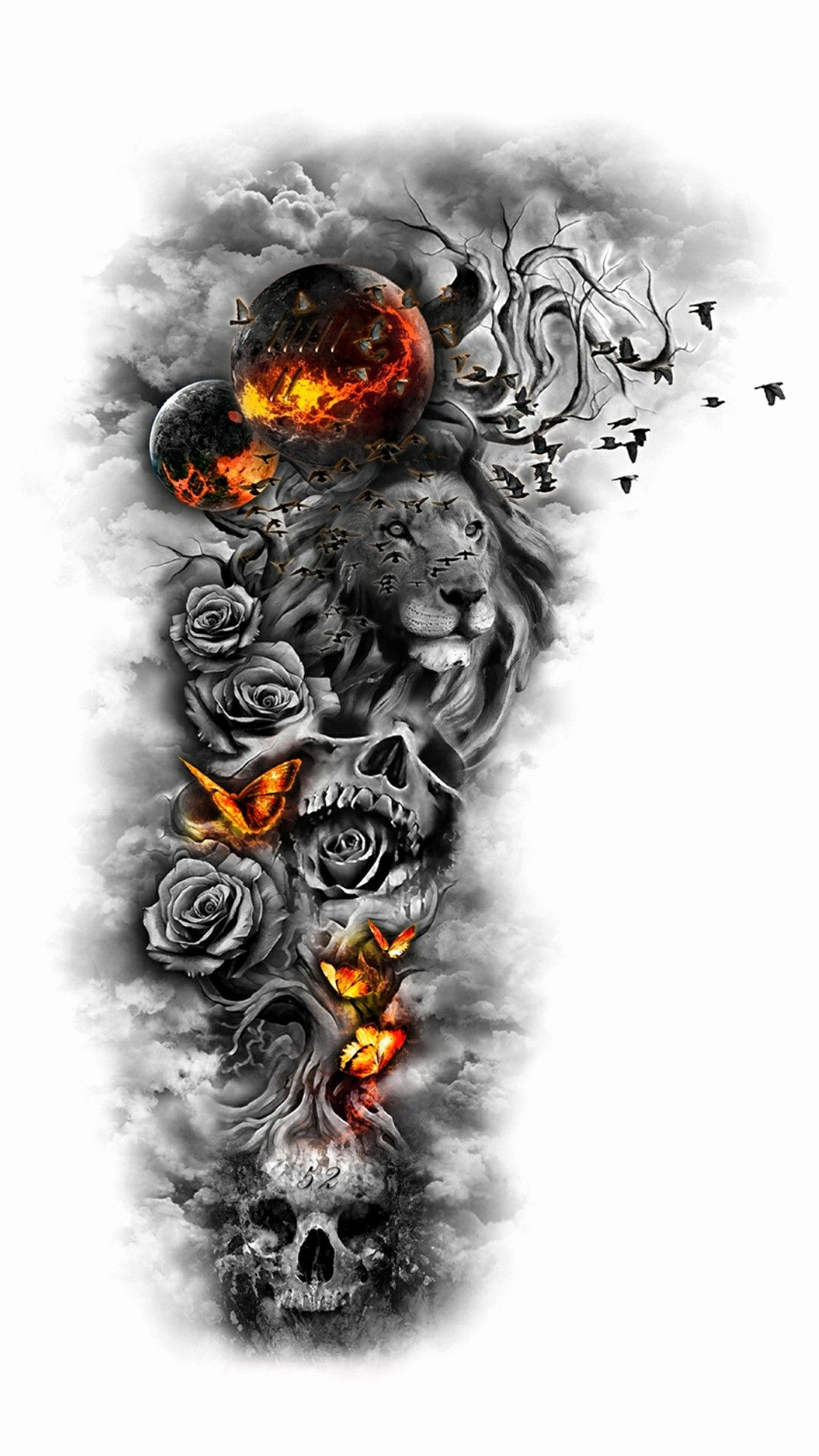 1080x1920, Skull And Roses Wallpaper New Lion Art Abstract - Lion Sleeve  Tattoo Design - 1080x1920 Wallpaper 