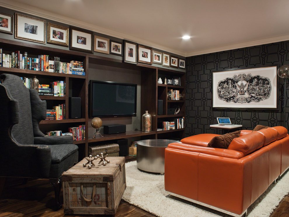 Skull Wallpaper Home Theater Contemporary With Chest - Living Room Cognac Leather Sofa Furniture - HD Wallpaper 